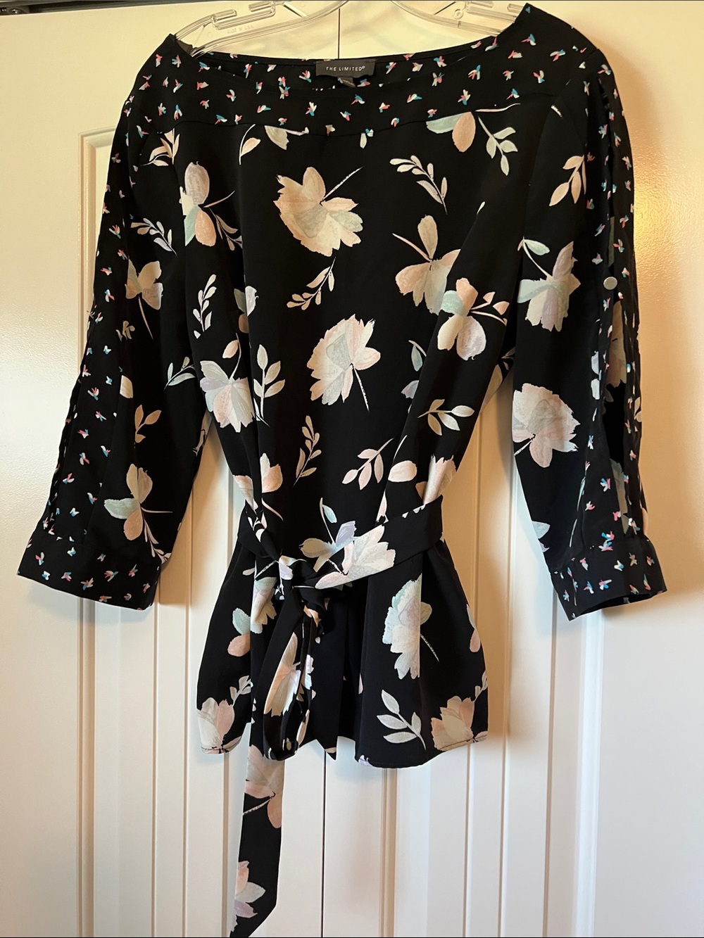 The Limited Black Floral Tie-Front Blouse with Pastel Blooms